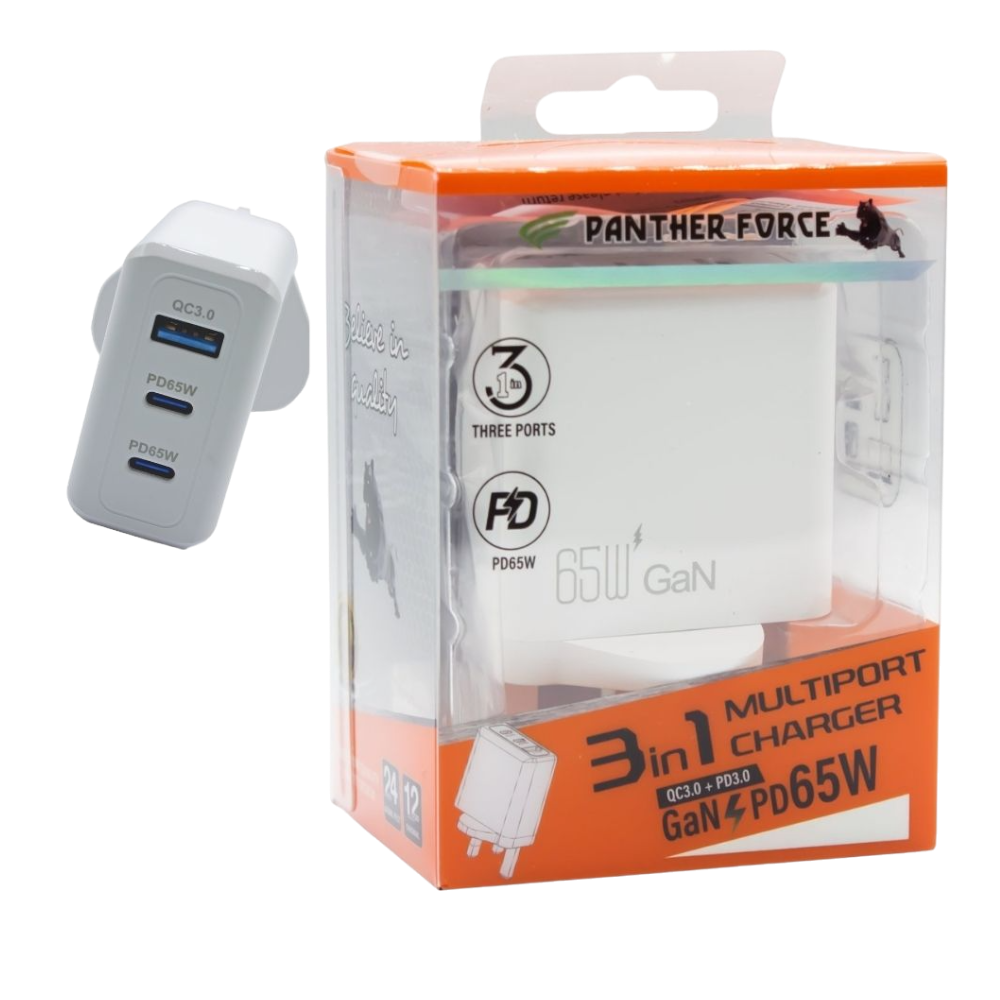 Panther Force 65W Plug with 2* C Port / 1* USB-A Port - Fast Charging for Multiple Devices - PF193 Panther Force 65W Plug with 2* C Port / 1* USB-A Port - Fast Charging for Multiple Devices - PF193
